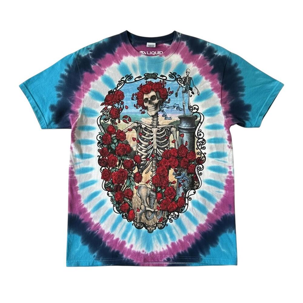 Vtg Grateful Dead Liquid Blue Tie-Dye T-Shirt | Skeleton & Roses | Early 2000s